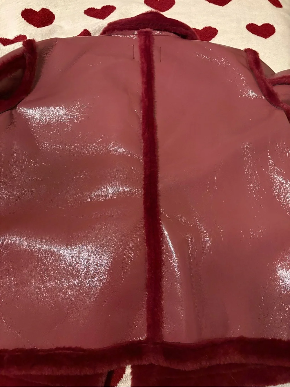 Fashion Nova Burgundy Faux Leather Jacket with Plush Fur Trim